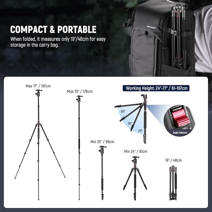 NEEWER 77 inch Camera Tripod Monopod for DSLR, Phone with 360° Panoramic Ball Head, 2 Axis Center Column, Arca Type QR Plate, Bag, Compact Aluminum Lightweight Travel Tripod 34lb Max Load, TP77