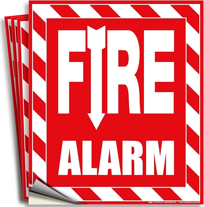 iSYFIX Fire Alarm Sticker Signs Stickers - 4 Pack 6x7 Inch - Premium Self-Adhesive Vinyl, Laminated for Ultimate UV, Weather, Scratch, Water and Fade Resistance, Indoor and Outdoor Red