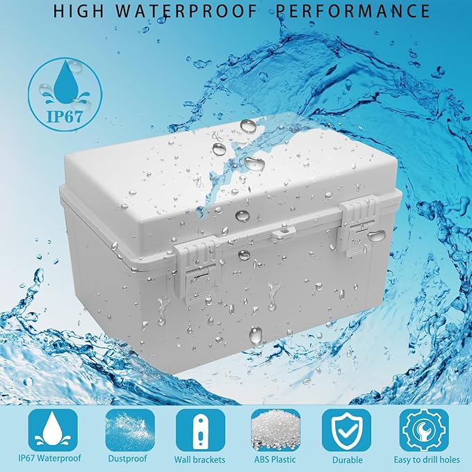 Waterproof Electrical Box Dustproof Junction Box Weatherproof IP67 ABS Plastic Enclosure Switch Router Project Box with Mounting Plate with Wall Bracket 2 Cable Glands Grey 11.8"x7.9"x6.7"