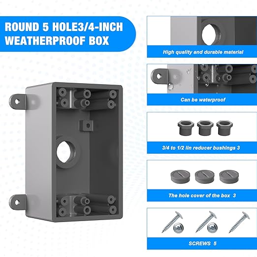 Single-Gang Weatherproof Electrical Outdoor Box, Suitable 1/2-Inch or 3/4-Inch Electrical Conduit Switch/Outlet Box, UL Listed, Junction Box Outlet, Gray