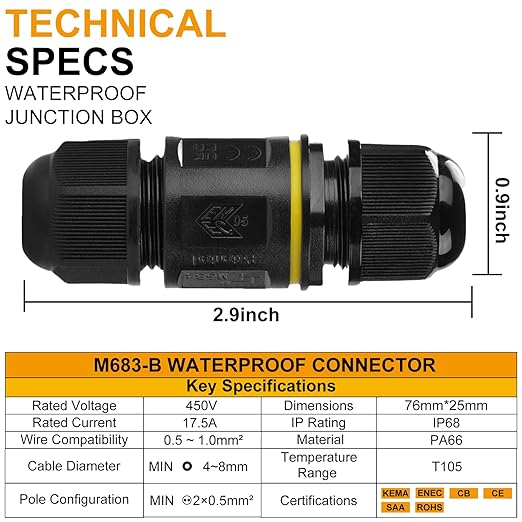 IP68 Waterproof Junction Box Outdoor 2 Way 2Pin-3Pin (AC450v,24A) M20 Wire Range(4-8mm) Electrical Cable Connector,Suitable for Repair and Extend Power Cables,UL(3 Pack)