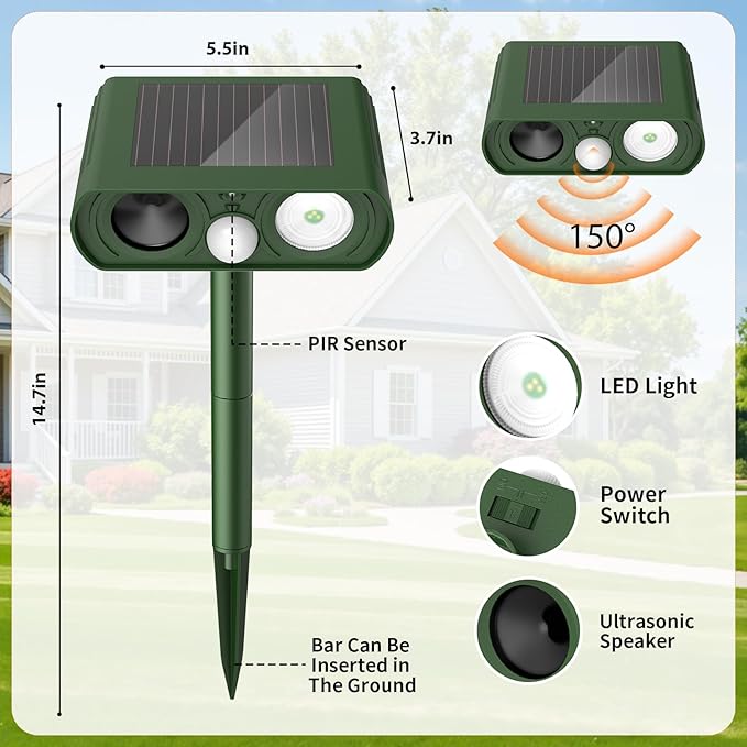 Solar Ultrasonic Animal Repellent, Deer Repellent Devices Waterproof, Cat Repellent Outdoor with Motion Detection Squirrel Skunk Rabbit Dog Raccoon Deterrents Animal Repeller for Yard, 2 Pack, Green