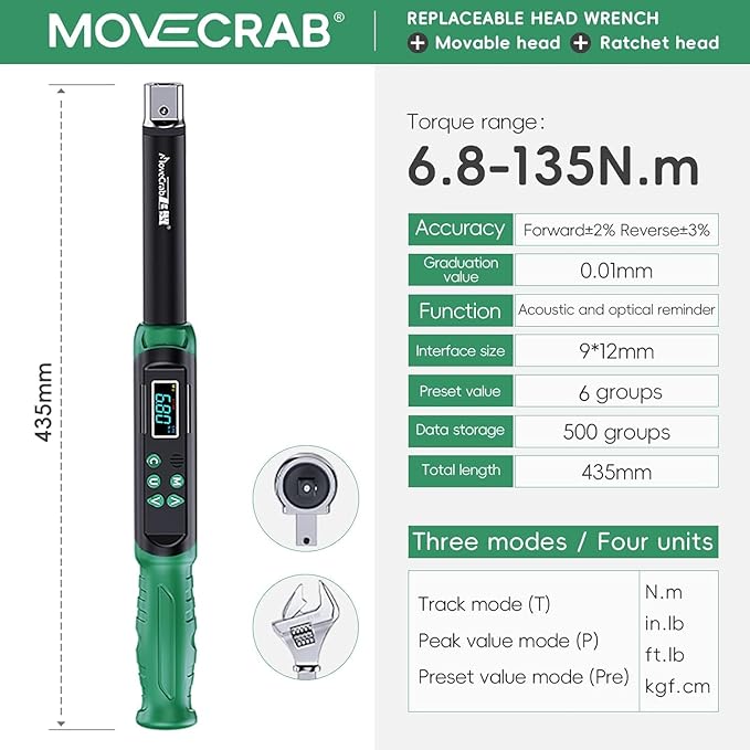 3/8-Inch Digital Torque Wrench with Interchangeable Heads - Precision Adjustable Torque Wrench with Ratchet & Adjustable Open-End Heads, 6.8-135N.m/5-99.6Ft.lb (9×12mm 3/8")