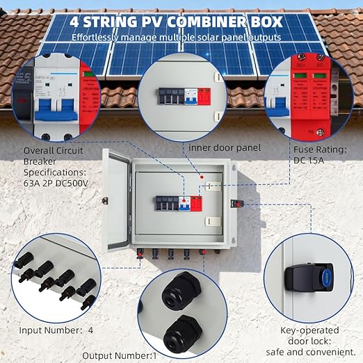 4 String Solar PV mc4 Metel Combiner Box 16A Rated Current Fuse 63A Air Circuit Breaker Out Door IP65 Waterproof (4 String- 16A)