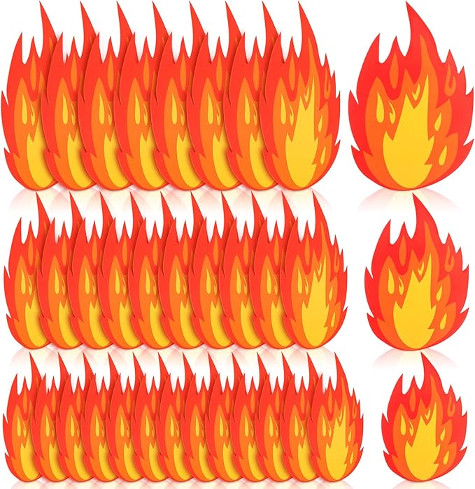 48 Pcs Fire Stickers 3 Sizes Fire Party Decorations Set Flame Cutouts Flame Decals for Firefighter Birthday Survivor Camping BBQ Party Decorations Supplies with Adhesive Dots