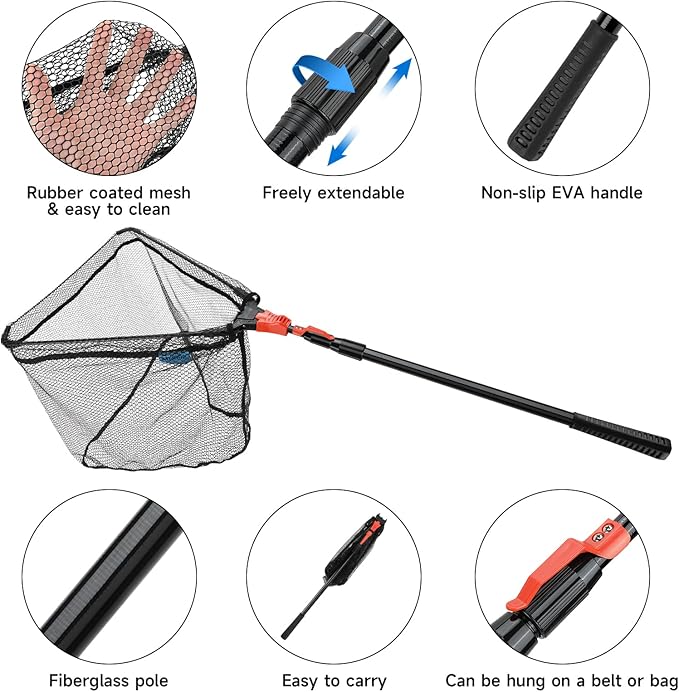 SAN LIKE Fishing Net Fish Landing Net Collapsible Fish Net with Anti-Slip Telescoping Rubber Pole Handle for Kids Adults in Saltwater Freshwater Multi-Size Extending to 37/42/43/51/69/71/89/98inch