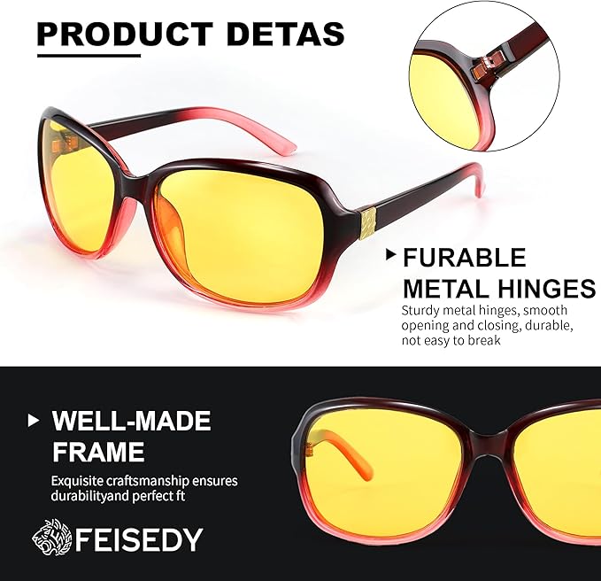 FEISEDY Classic Womens Night Glasses Driving Anti Glare Wrap Around Yellow Sunglasses B2548