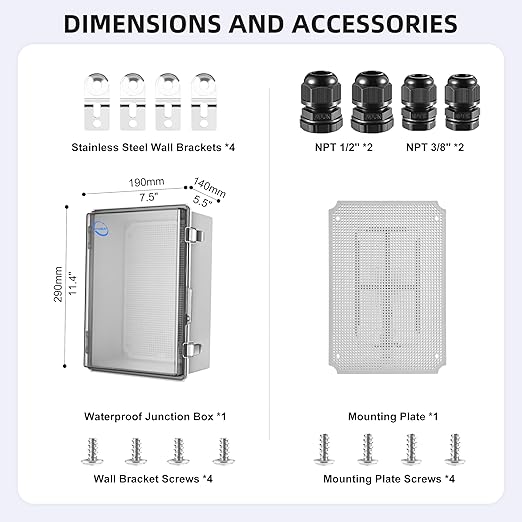 Waterproof Outdoor IP67 Junction Box (11.4"x7.5"x5.5") with Mounting Plate, Hinged Clear Cover and Wall Brackets - Weatherproof ABS Plastic Electrical Enclosure for DIY Projects(290x190x140mm)