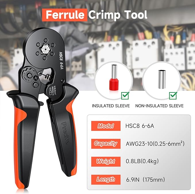 Ferrule Crimping Tool, Preciva Hexagonal Sawtooth Self-Adjustable Ratchet Wire Terminals Crimper for AWG23-10 Bootlace End-Sleeves Ferrule
