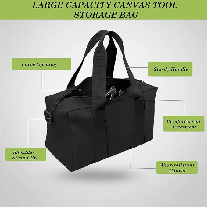 Canvas Wide Mouth Tool Bag, Large Capacity Tool Bags for Men, Portable Home Tool Organizer for Storage Handbag for Screwdrivers, Wrench, Plier, Nails, Pliers Repair Hand Tools (Black, 20 Inch)