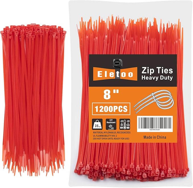 8 Inch red Zip Ties (1200 Pack), 35 LBS Tensile Strength, Self-Locking Nylon PA66 UV Resistant Cable Ties for Indoor and Outdoor Use