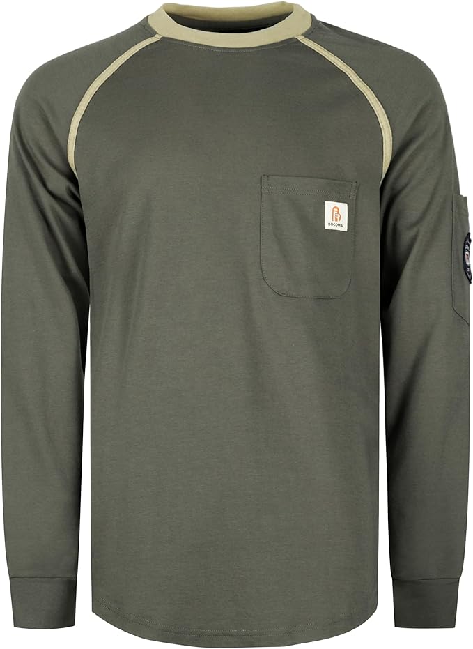BOCOMAL FR Shirts for Men Crew Neck Long Sleeve 5.5oz Light Weight Flame Resistant/Fire Retardant Clothing Shirt