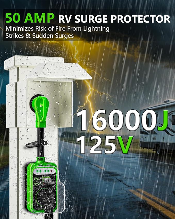 RV Surge Protector 50 Amp,RV Surge Voltage Protection with Safety Certification, 16000 Joules Circuit Analyzer for RV, RV Adapter Plug for Camper (50AMP-Green)