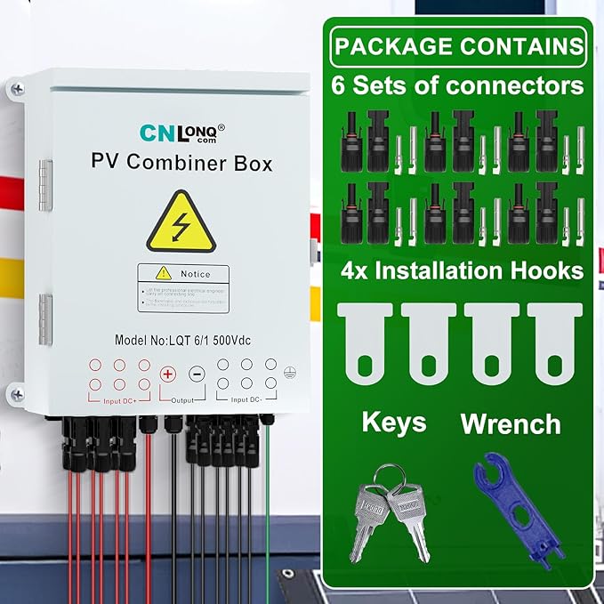 6 Strings Metal Solar PV Combiner Box DC500V 100A Circuit Breaker with Surge Protector, 15A Fuses and Radiator, Outdoor IP66 Waterproof for Solar Panels System