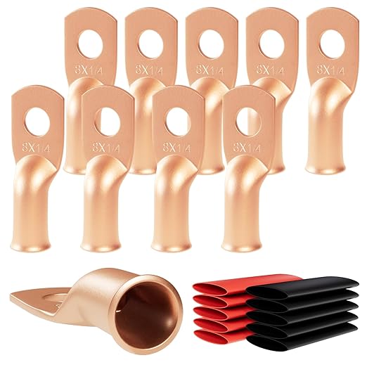 10pcs 8 Awg - 1/4" (M6) Sanuke Wire Lugs Ring Terminal Connectors Ends Heavy Duty for Battery Cable Lug Wire Electrical Eyelets with 3:1 Dual Wall Adhesive Heat Shrink