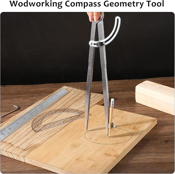 Compass Geometry Tool, Drawing Compass, Professional 12 Inch Large Compass with Wing for Woodworking, 6 Inch Protractor, 12 Inch Ruler, 2 Pencil for Carpenter, Drafting