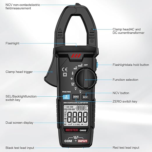 MESTEK Digital Clamp Meter Multimeter, TRMS 6000 Counts 600A Current Amp Volt Meter, Auto-Ranging Voltage Tester Measures AC DC Current Voltage Resistance Capacitance Temperature Diodes Continuity NCV