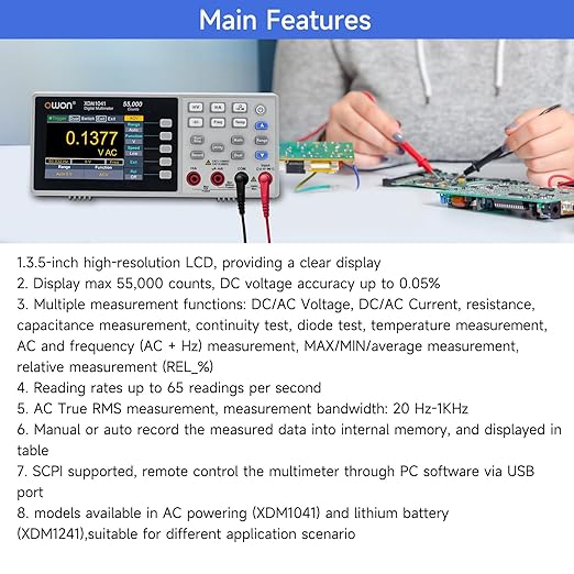 OWON Desktop Digital Multimeter with 3.5-inch LCD Display, Measures AC/DC Current, Voltage, and Temperature with True RMS Capability,Designed for Laboratories, Instruments, and Factories XDM1041