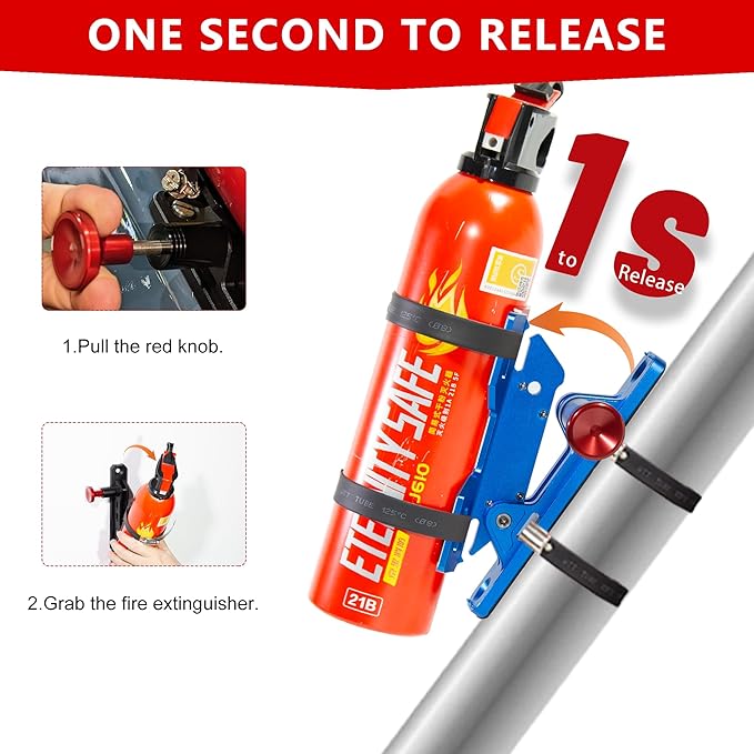 Quick Release Car Fire Extinguisher Mount – Blue Adjustable Aluminum Roll Bar Bracket Compatible with Jeep Wrangler (TJ/JK/JL/JKU), UTVs (Polaris RZR, Ranger, Can-Am X3), Trucks & Off-Road Vehicles