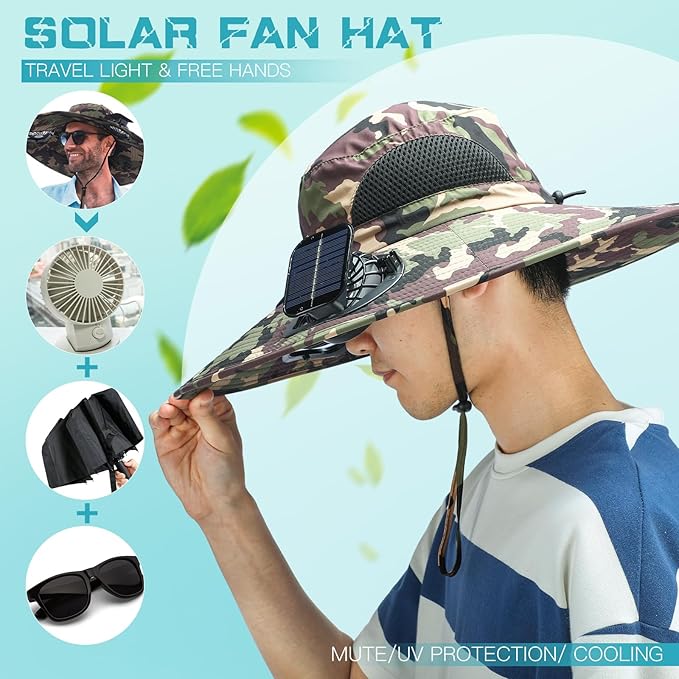 Berlune Men Sun Hat with 2 Solar Fans Wide Brim Outdoor Fishing Hat USB & Solar Powered for Sun Protection Camping Hiking