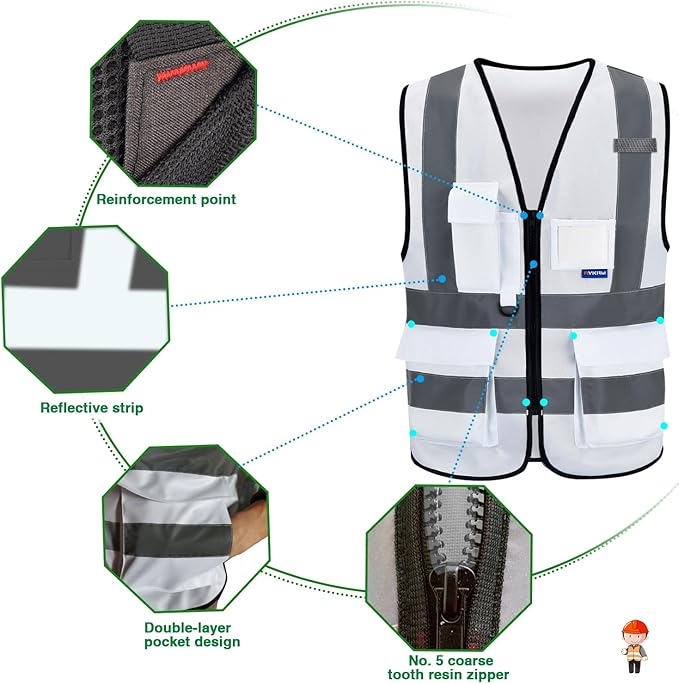Reflective Security Safety Vests Heavy Duty with 7 Pockets and Front Zipper