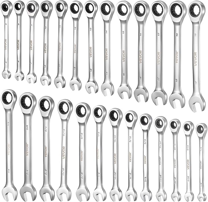 VEVOR Combination Wrench Set, 26-Piece SAE and Metric, 72 Teeth, Cr-V Steel Ratcheting Wrench Set, with Rack Organizer, Open End, Clear Size Labels, for General Household, Automotive Repairs, Silver