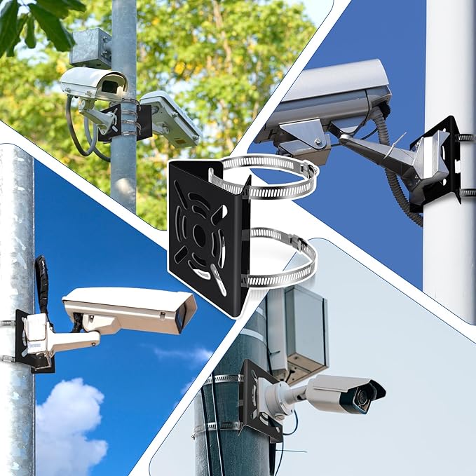 3 Pcs Universal Vertical Pole Mount for Security Camera Wall Mounting Bracket with 6 Loops Solid Metal Pole Bracket for CCTV Camera Indoor Outdoor Solar Panel LED Wall/ Stage Light (Black)