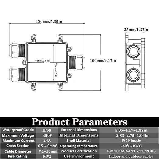 Waterproof IP68 Outdoor Junction Box - 3-Way Y-Shaped, 4-15mm Wire Range, Open Splice Underground Box - 1Pack