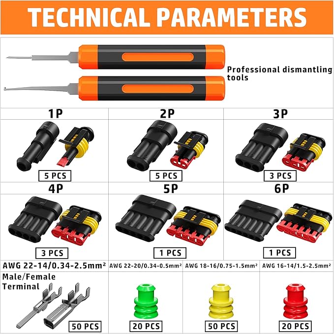 PEBA Waterproof Automotive Electrical Connectors Kit, Automotive Male/Female 1/2/3/4/5/6-Pin and Ratchet Crimping Tool AWG22-14, Ideal for Cars, Motorcycles & Boats | Wire Stripper, Pin Removal Tool