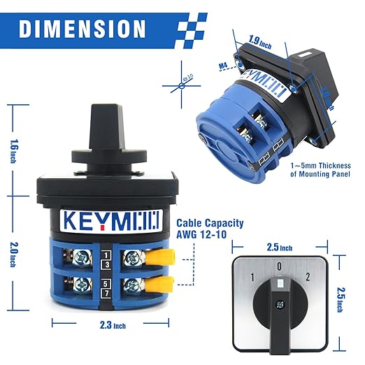 40A Rotary Changeover Switch, 660V 3 Position 2 Phase 8 Terminals, Universal Selector Switch with Yellow Fork Terminals IP65 CE 26-40/D202.2