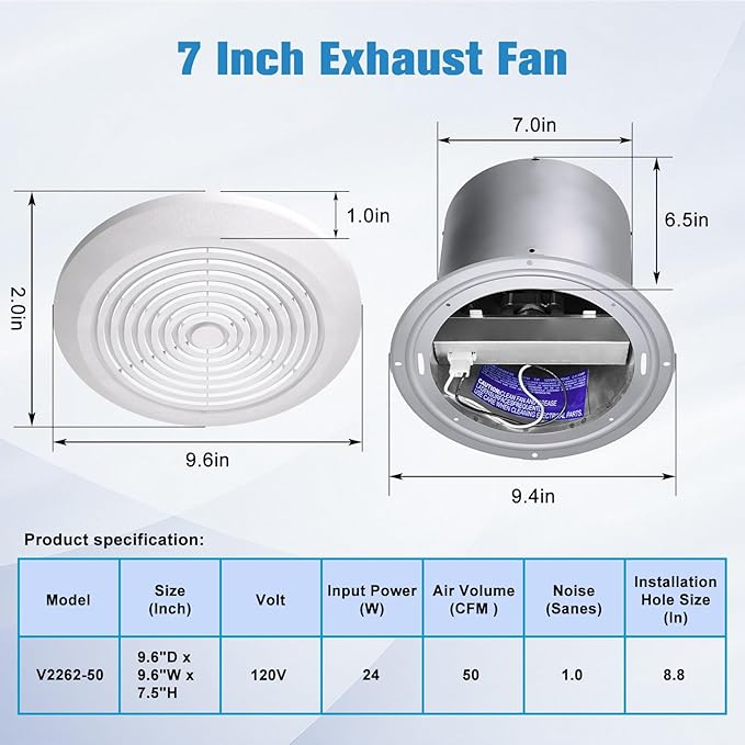 V2262-50 7 Inch Bathroom Exhaust Fan, 50 CFM Ceiling Exhaust Fan for 8" Rough-in Opening, 1.0 Sones Quiet Effective Ventilation for Bathroom, Kitchen, Laundry Room, Mobile Home