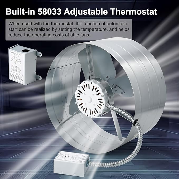 Criditpid 15" Gable Mount Vent Attic Fan, Exhaust Ventilation Fan with Adjustable Thermostat for Gable, Home, Shed, Garage, Portable Building, 3.4A, 1300CFM, 1075RPM, 1850 Sq.Ft Coverage Area.