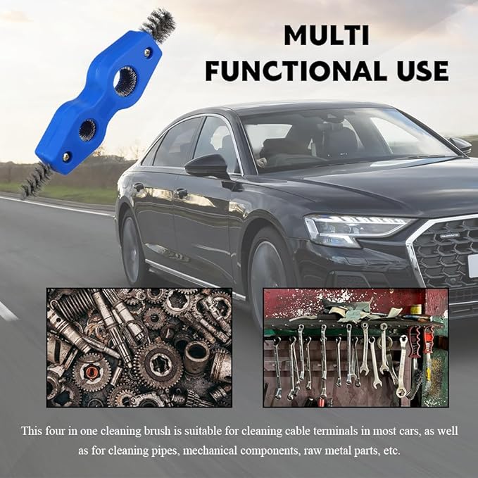 4 in 1 Car Battery Cleaning Brush, Battery Terminal Brush, Anti-Rust Auto Battery Cleaner with Steel Wire, Car Accessories Vehicle Machine Parts Cleaning Tools Fit for Auto Marine (Blue)