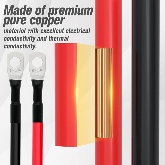 6 AWG Battery Cable 6AWG Gauge Battery Inverter Cables for Automotive Solar Marine Boat RV Car Motorcycle (6 AWG, 1FT, 5/16")