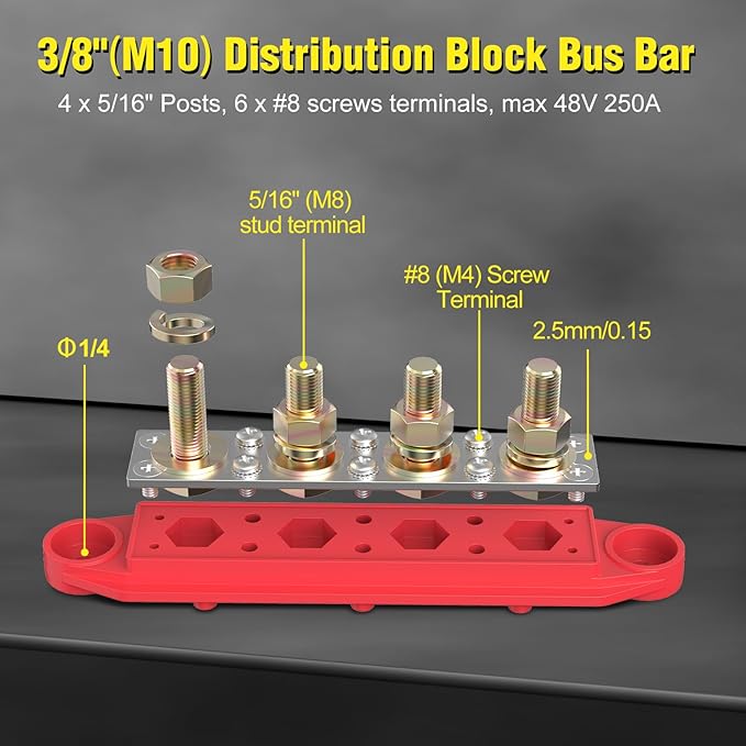 MOFEEZ Power Distribution Block Bus Bar, 4 x 5/16" Posts, 6 x #8 Screws Terminals, Max 48V 250A (Pair, Red & Black)