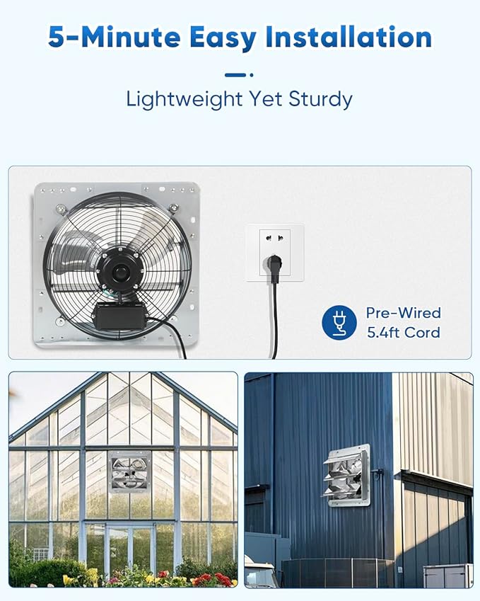 KEN BROWN 12 Inch Shutter Exhaust Fan Wall Mounted,Aluminum with 1.65 Meters Power Cord Kit,High Speed 1450CFM,Vent fan for Commercial,Greenhouse,Attic,Shed,Shop