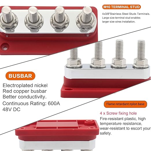 Heavy Duty BusBar Copper Power Distribution Block 12V-48V 600A with 4X 3/8" Posts Terminal, Marine Bus Bar, High Current DC Battery Buss Bar with Cover for Car RV Solar Trucks Yacht, Red