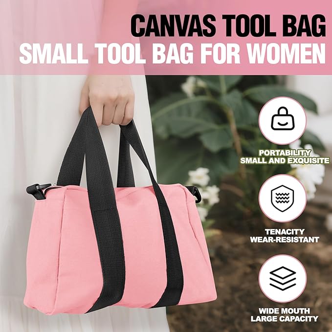 Small Tool Bag, Canvas Tool Storage Bag, Large Capacity Multipurpose Zipper Soft Tote Organizer Pouch for Electrician, Plumbing, Gardening,Tools Bags for Men (Pink, 14 Inch)