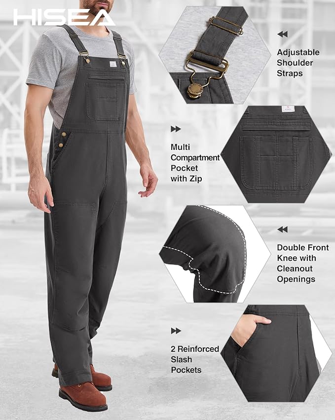 HISEA Flex Canvas Overalls for Men, Bib Work Double Knee Stretch Overall, Relaxed Fit Lightweight Workwear with Pockets