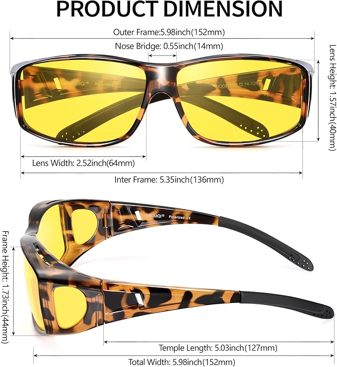 URUMQI Night Vision Driving Glasses Fit Over Eyeglasses for Men Women, Anti Glare Polarized Nighttime Glasses Yellow Lens
