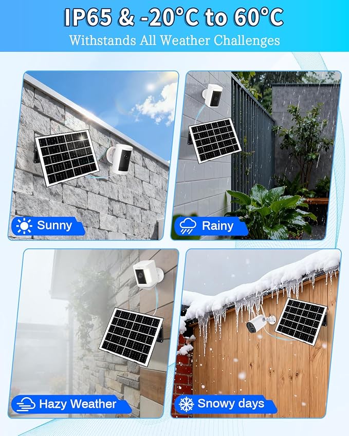 8W Solar Panel for Security Camera, Solar Panel Charger with 5V USB-C/Micro/DC 3.5mm Ports 9.8ft Cable & 360°Integrated Mount, IP65 Solar Panels for Ring/Reolink/Eufy Built-in Battery Camera