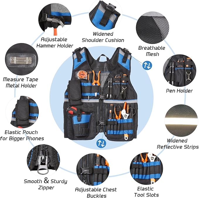 Electrician Tool Vest for Men, Reflective Safety Work Vest with Adjustable Thick Straps, Removable Phone Holder for Electrical, Carpenters, Construction, 22 Pockets.Blue