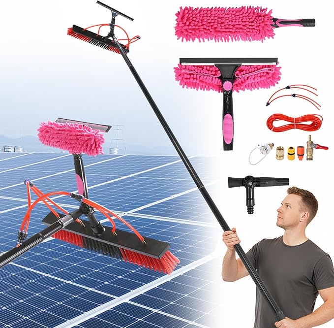 Solar Panel Cleaning Brush Water Fed Pole Brush Kit with 20m Hose Extendable Solar Panel Washing Tool with 180° Rotating Brushhead for Solar Panel Roof Car