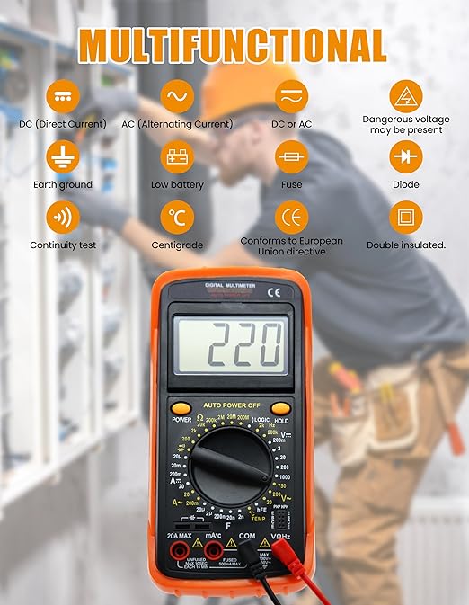 Digital Multimeter Tester Portable Multimeter Multi Testers for Electrical Applications Smart Multi Meter Measures Voltage, Current, Resistance, Continuity and Diode (Model AMT32)