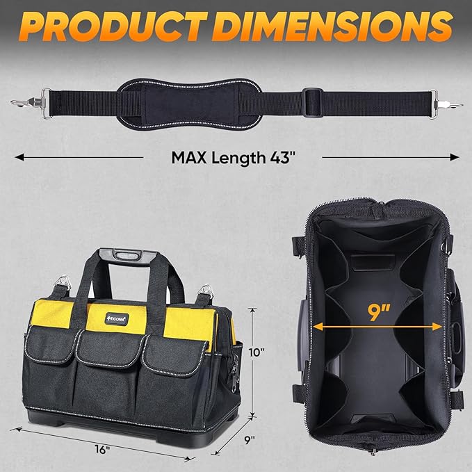TICONN Heavy Duty Tool Bag with Multi-Pockets, Portable Tool Box Organizer Storage Bag, with Adjustable Shoulder Strap and Ergonomic Handle (Yellow, 16" Molded Base)
