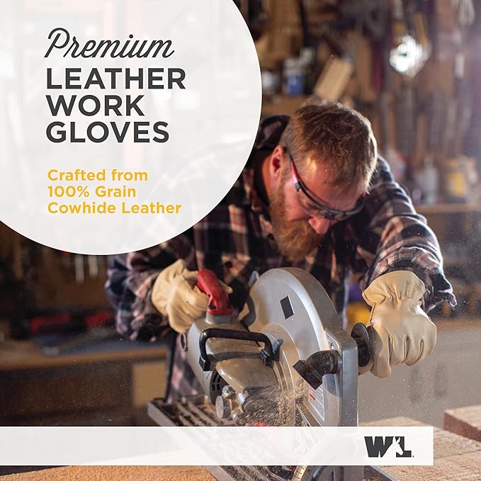 Wells Lamont Leather Work Gloves for Men – Grain Cowhide, Reinforced Palm – Ideal for Construction, Farming, Ranching – Ergonomic Fit, Keystone Thumb, Elasticized Wrist – Beige, Medium (1130M)