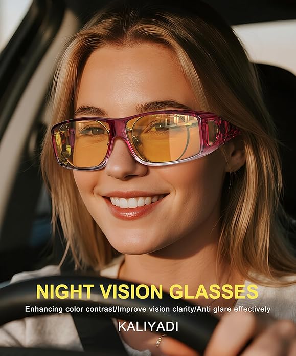 KALIYADI Night-Vision-Glasses Fit-Over-Glasses Wrap-Around Glasses: Anti Glare Night Driving Glasses for men women HD Lens