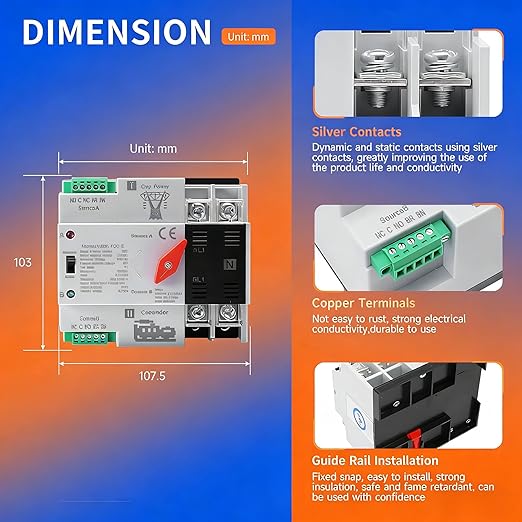Mini ATS Automatic/Manual Transfer Switch 2P 100A AC110V, 2POLE 100amps ATS Dual Power Switch for Home Generator,Din Rail Mounted Controller Electrical Type RV Fast Transfer