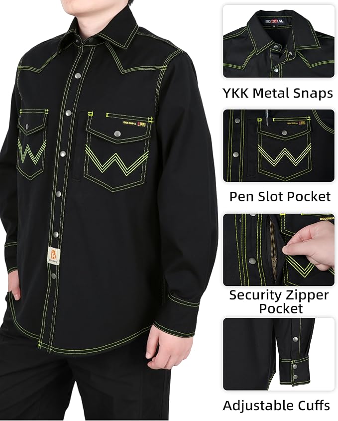 BOCOMAL FR Welding Shirts Heavyweight Stretch Canvas Snaps Down Reinforced Stitching Western Style Fire Resistant Jackets