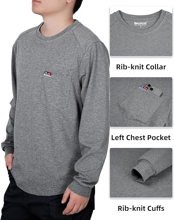 BOCOMAL Men's FR Shirts Long Sleeve Crewneck EX Soft Heather Series 6oz Midweight Flame Resistant Work T Shirt CAT2